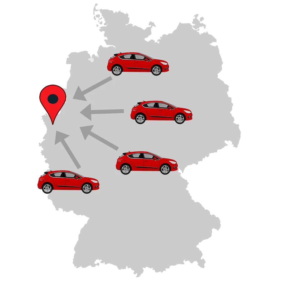 Landkarte von Deutschland, auf denen Autos platziert sind, die mittels Pfeilen auf den Standort des Autohaus Ullrichs zeigen.